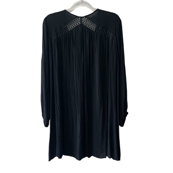 Lush Long Sleeve Lace Trim Front Tie Boho Mini Dress Black Size Large - Picture 3 of 6
